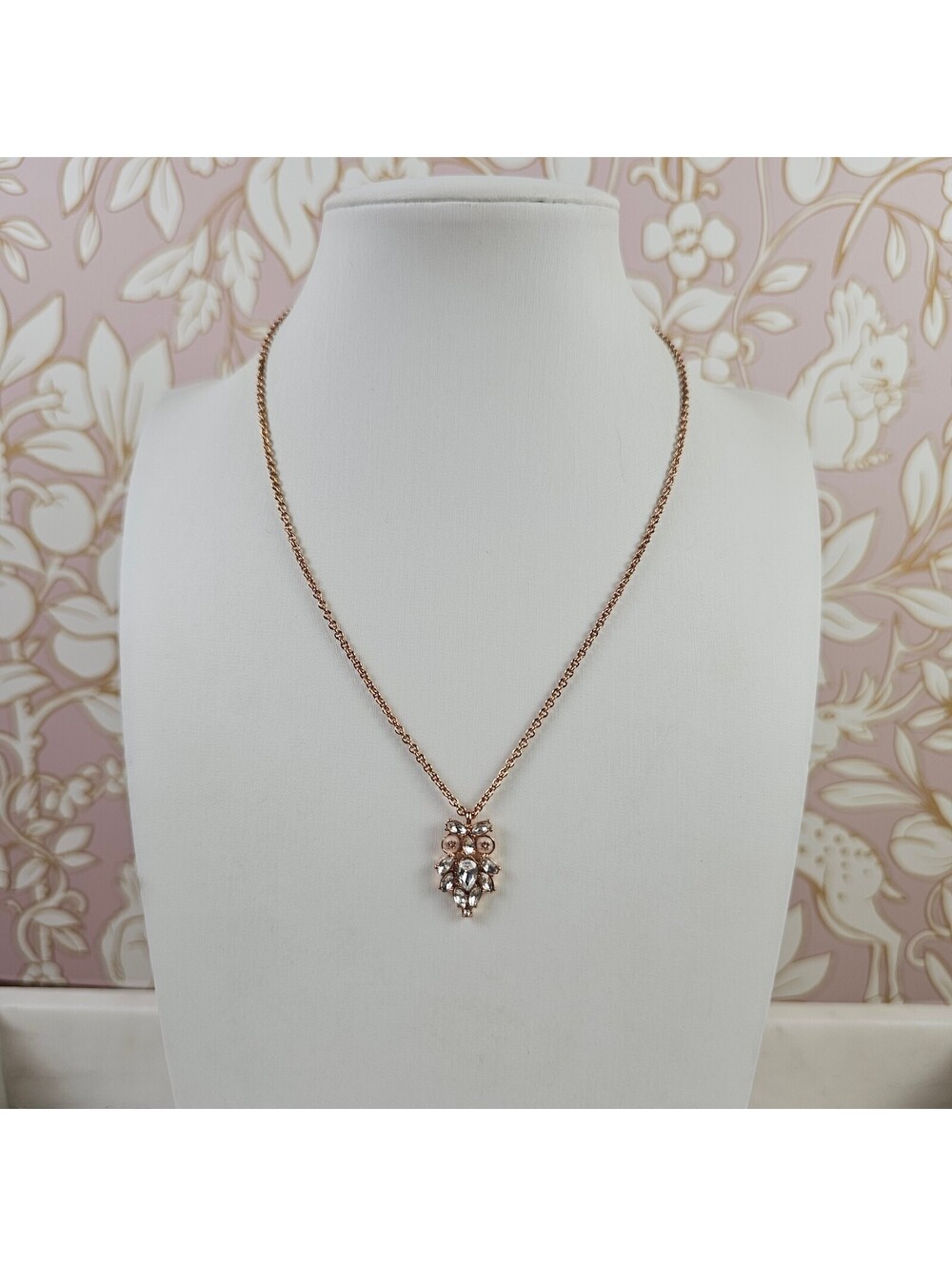 Kate Spade Owl Pendant Necklace Rose Gold Tone Crystal 15-18 Inch